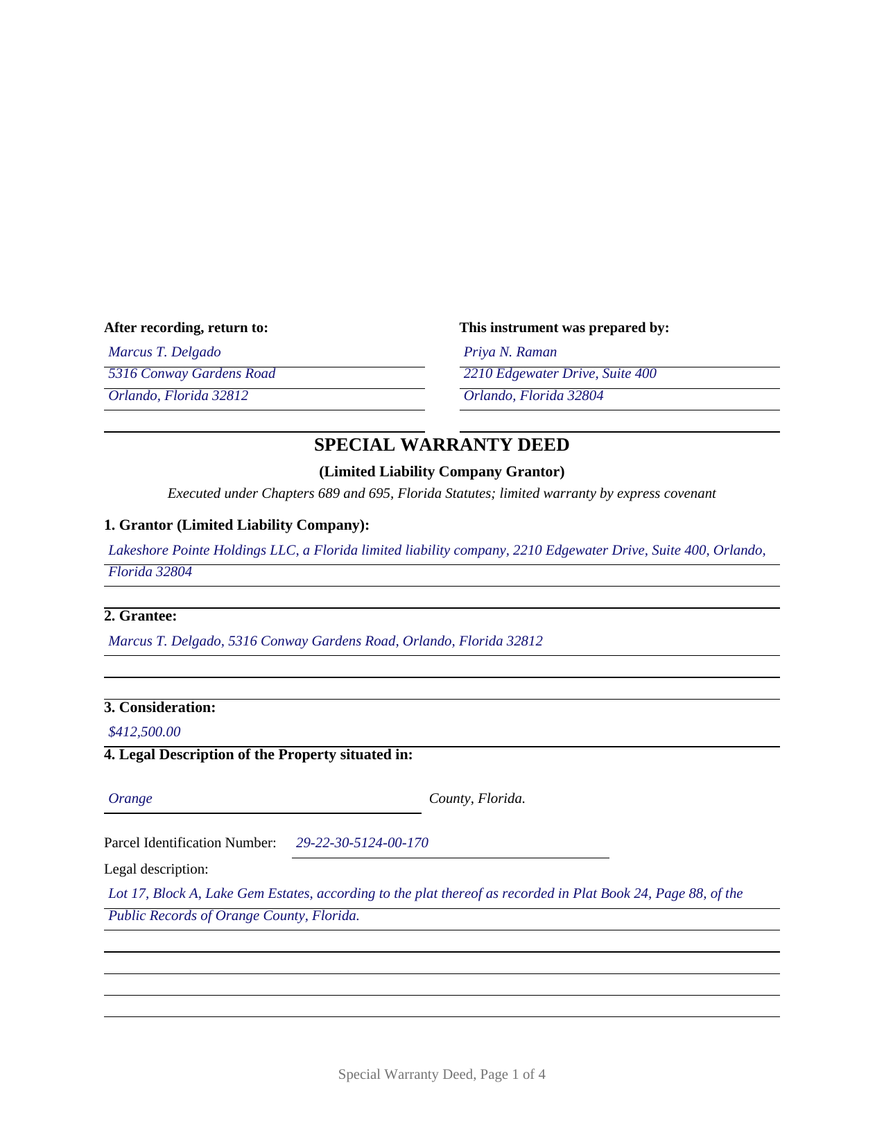 Santa Rosa County Completed Example of the Special Warranty Deed (LLC Grantor) Document
