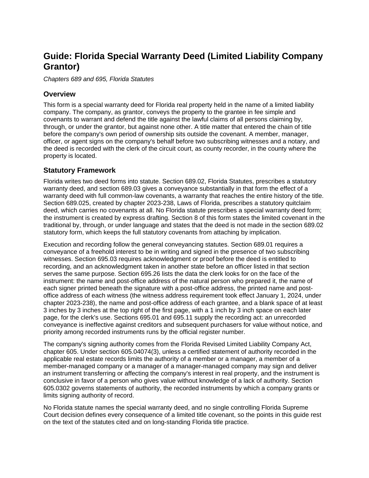 Santa Rosa County Special Warranty Deed (LLC Grantor) Guide