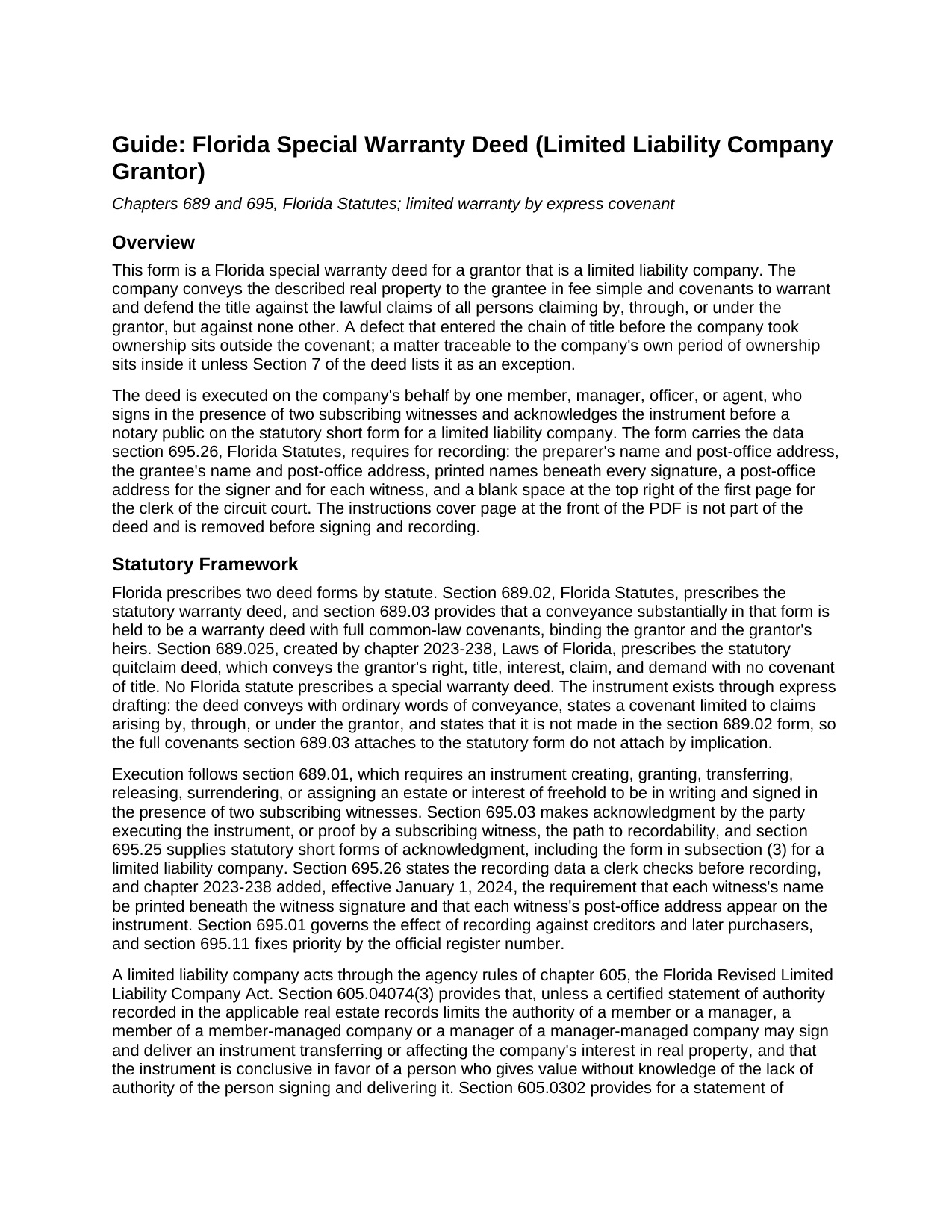 Collier County Special Warranty Deed (LLC Grantor) Guide
