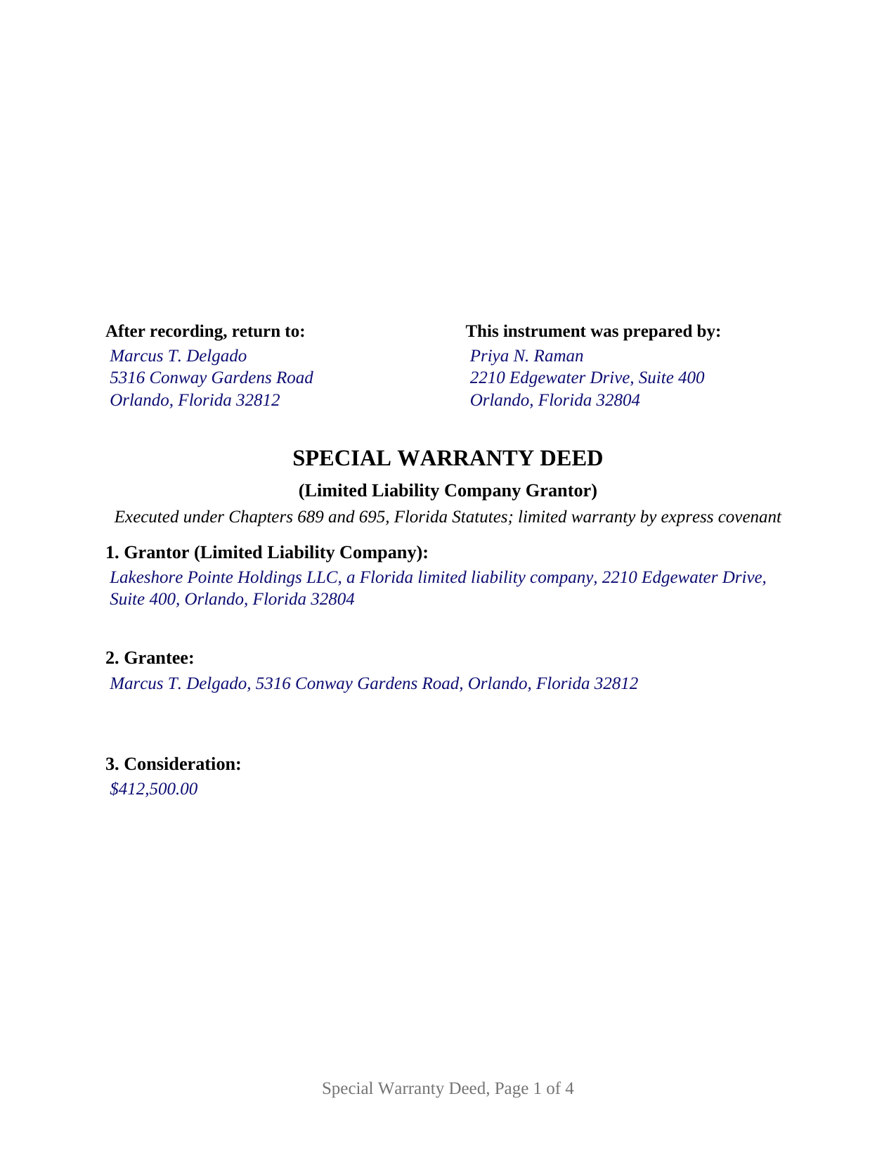 Collier County Completed Example of the Special Warranty Deed (LLC Grantor) Document
