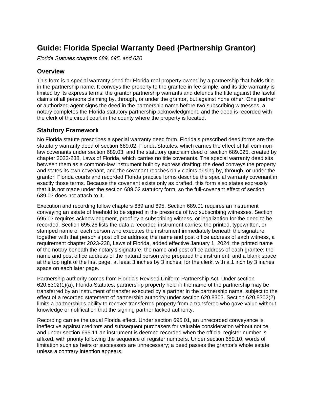 Santa Rosa County Special Warranty Deed (Partnership Grantor) Guide
