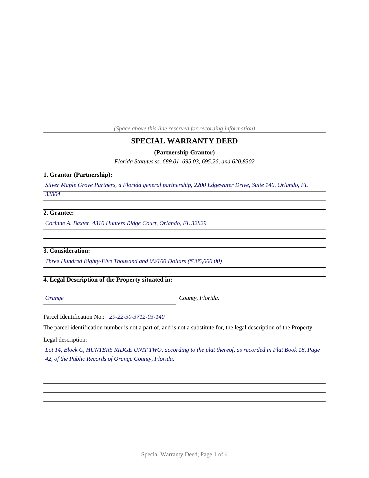 Santa Rosa County Completed Example of the Special Warranty Deed (Partnership Grantor) Document