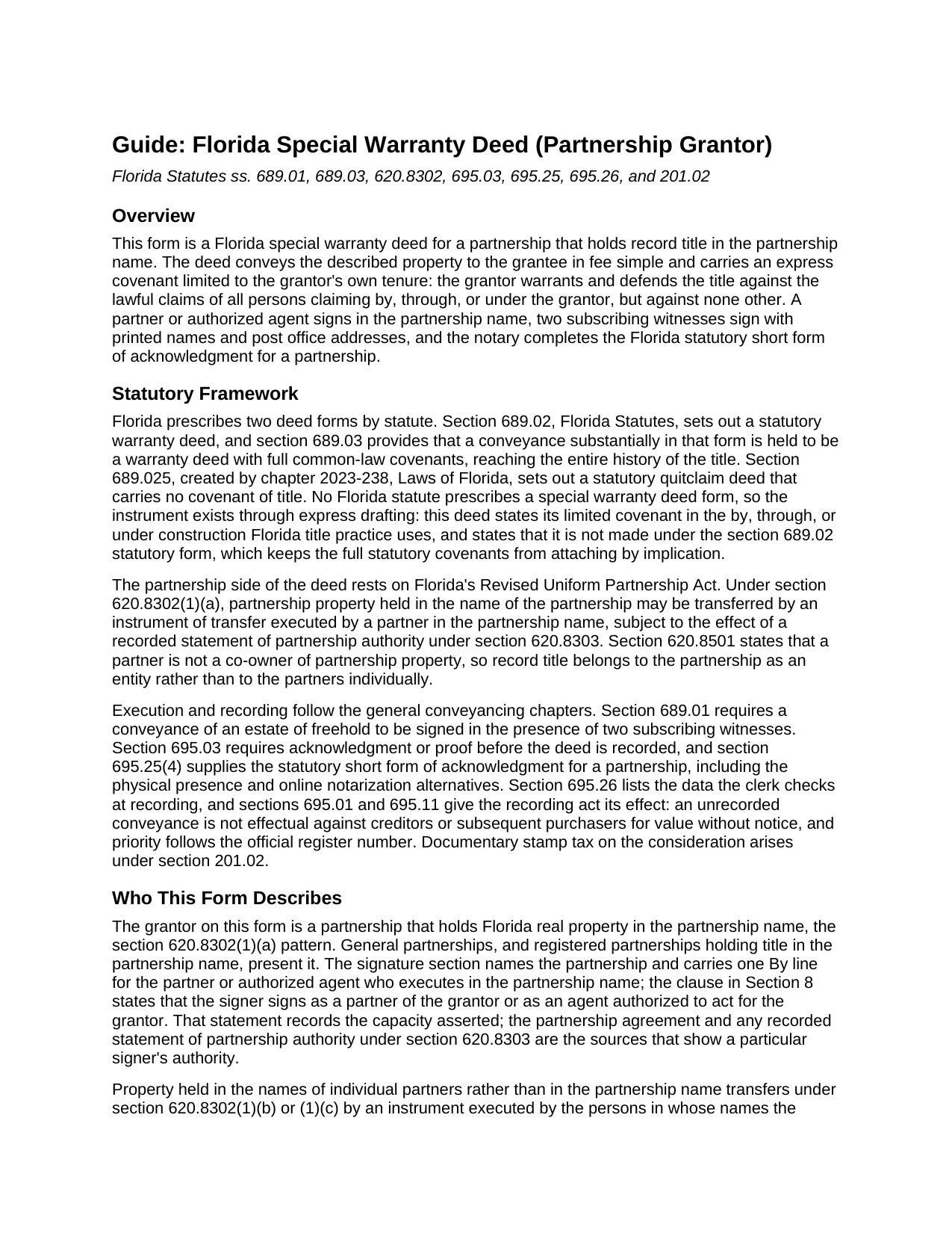 Wakulla County Special Warranty Deed (Partnership Grantor) Guide