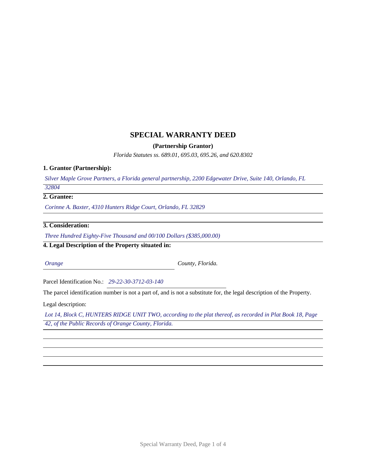 Wakulla County Completed Example of the Special Warranty Deed (Partnership Grantor) Document