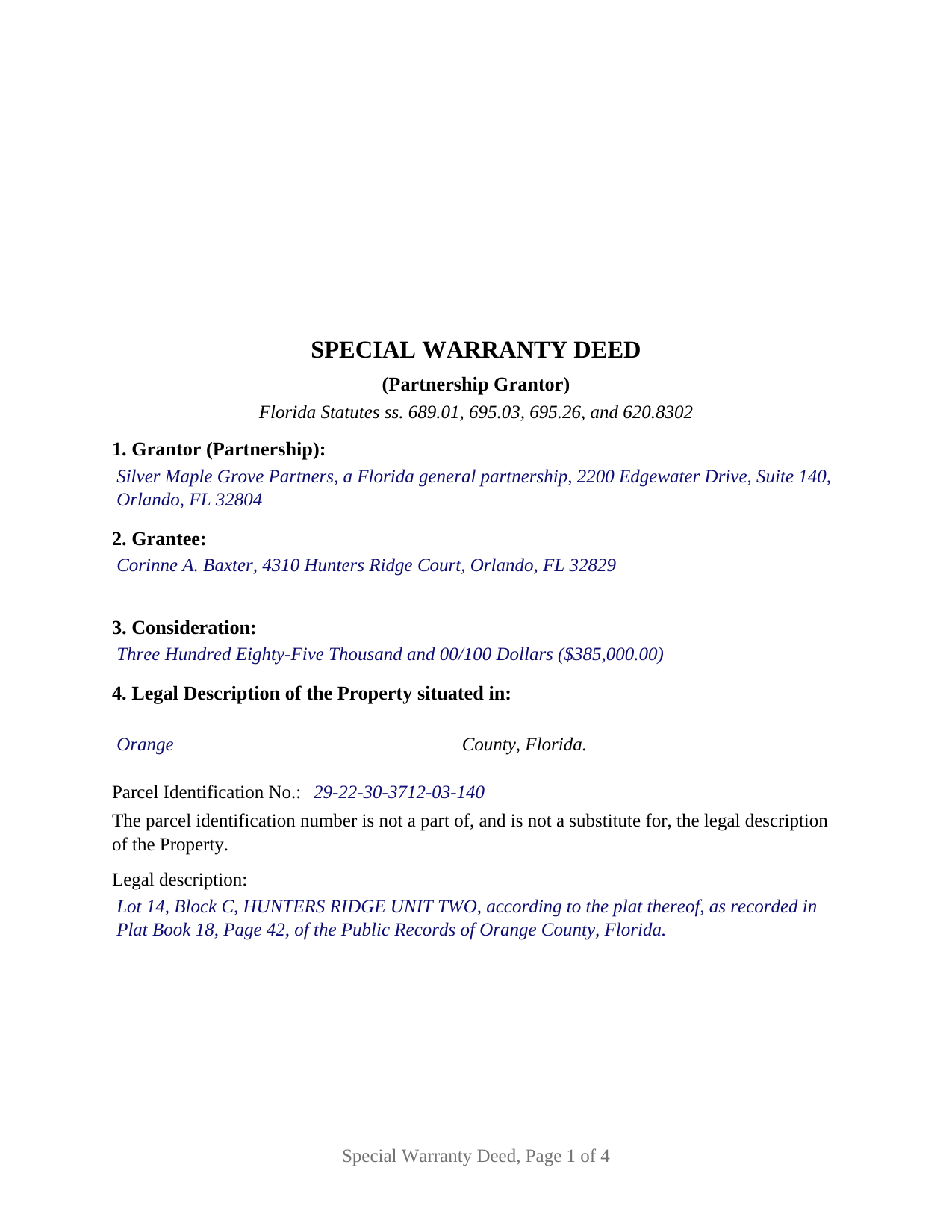 Manatee County Completed Example of the Special Warranty Deed (Partnership Grantor) Document