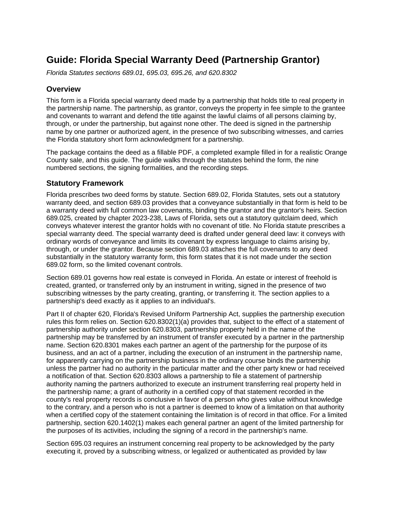Manatee County Special Warranty Deed (Partnership Grantor) Guide