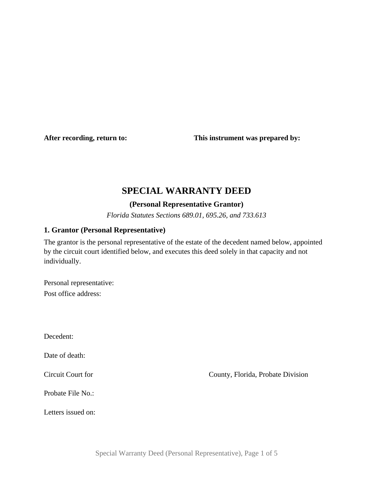 Hardee County Special Warranty Deed (Personal Representative Grantor) Form