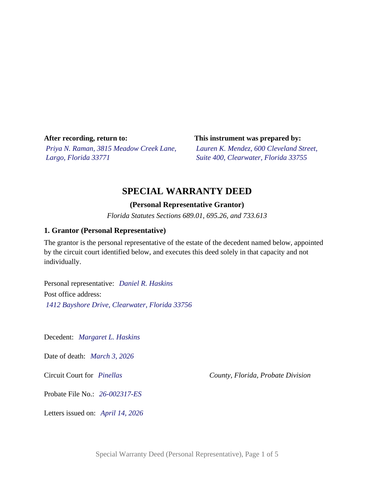 Hardee County Completed Example of the Special Warranty Deed (Personal Representative Grantor) Document