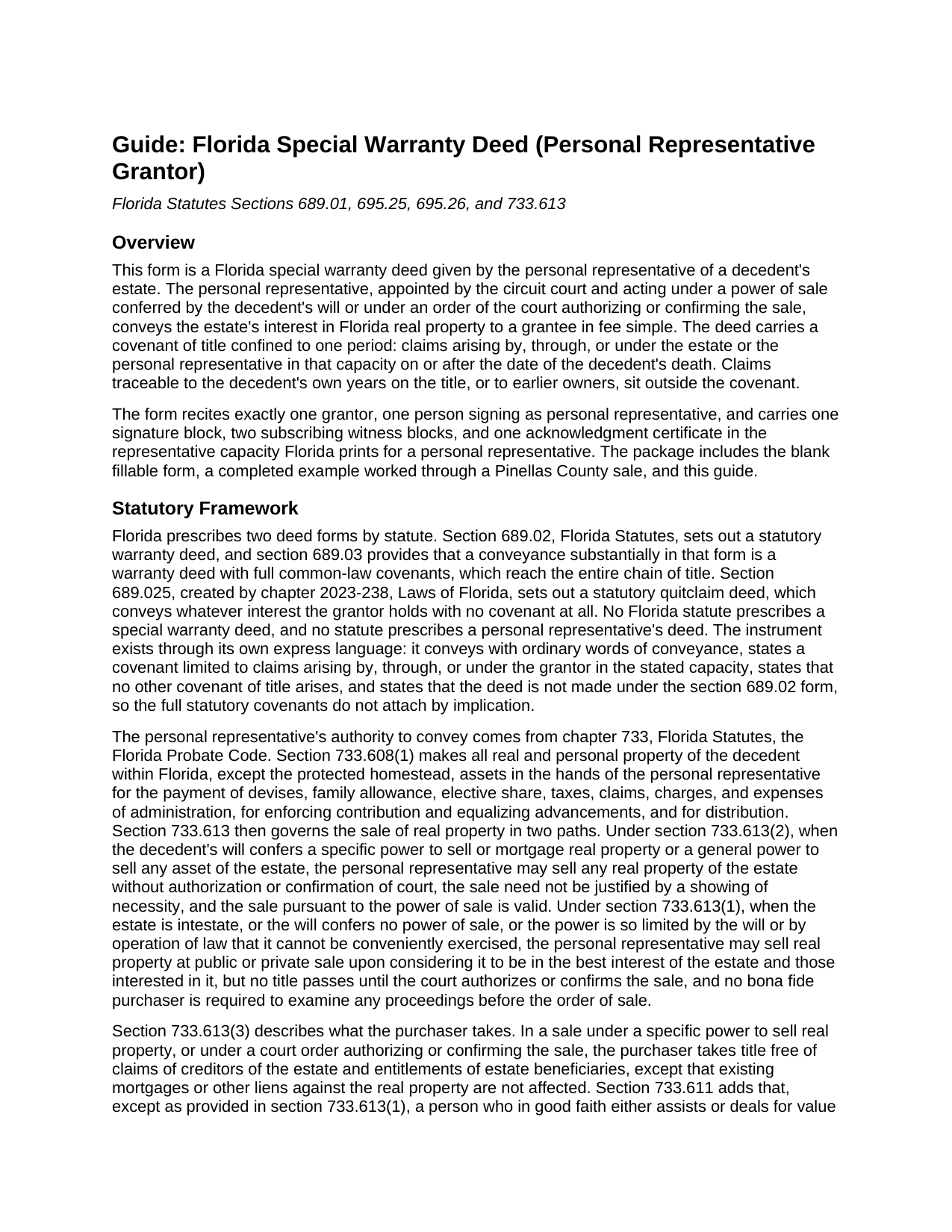 Hardee County Special Warranty Deed (Personal Representative Grantor) Guide