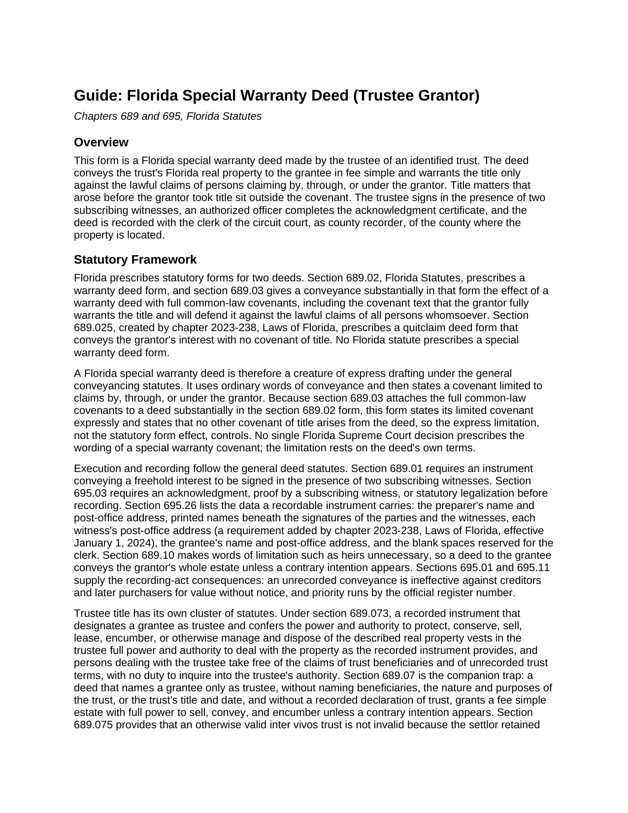 Santa Rosa County Special Warranty Deed (Trustee Grantor) Guide