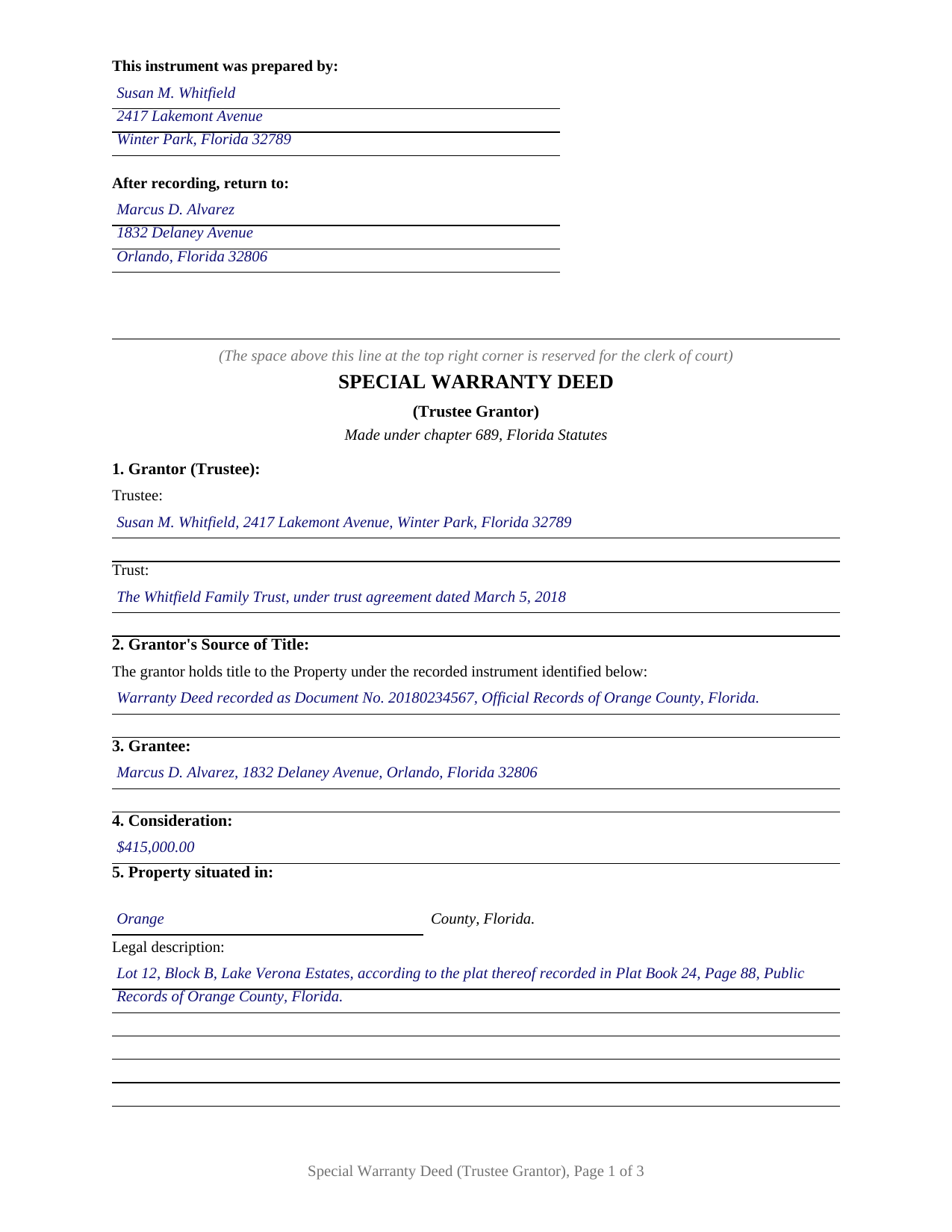 Santa Rosa County Completed Example of the Special Warranty Deed (Trustee Grantor) Document