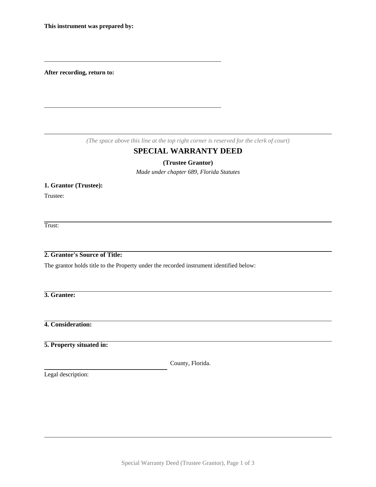 Santa Rosa County Special Warranty Deed (Trustee Grantor) Form