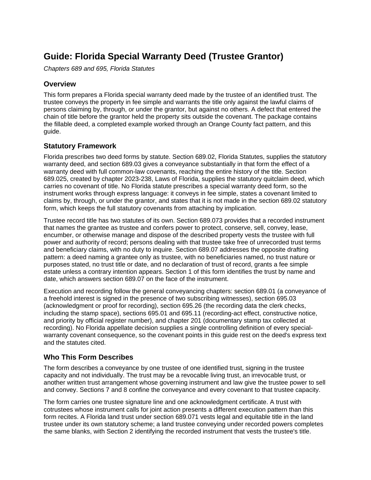 Santa Rosa County Special Warranty Deed (Trustee Grantor) Guide