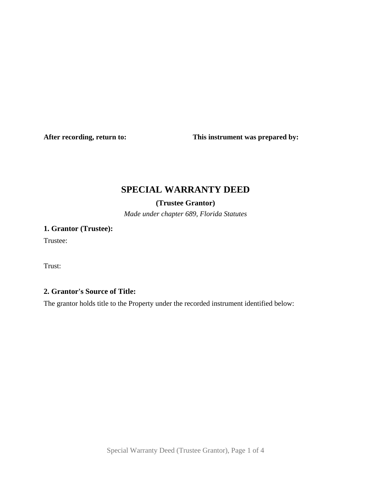 Hardee County Special Warranty Deed (Trustee Grantor) Form