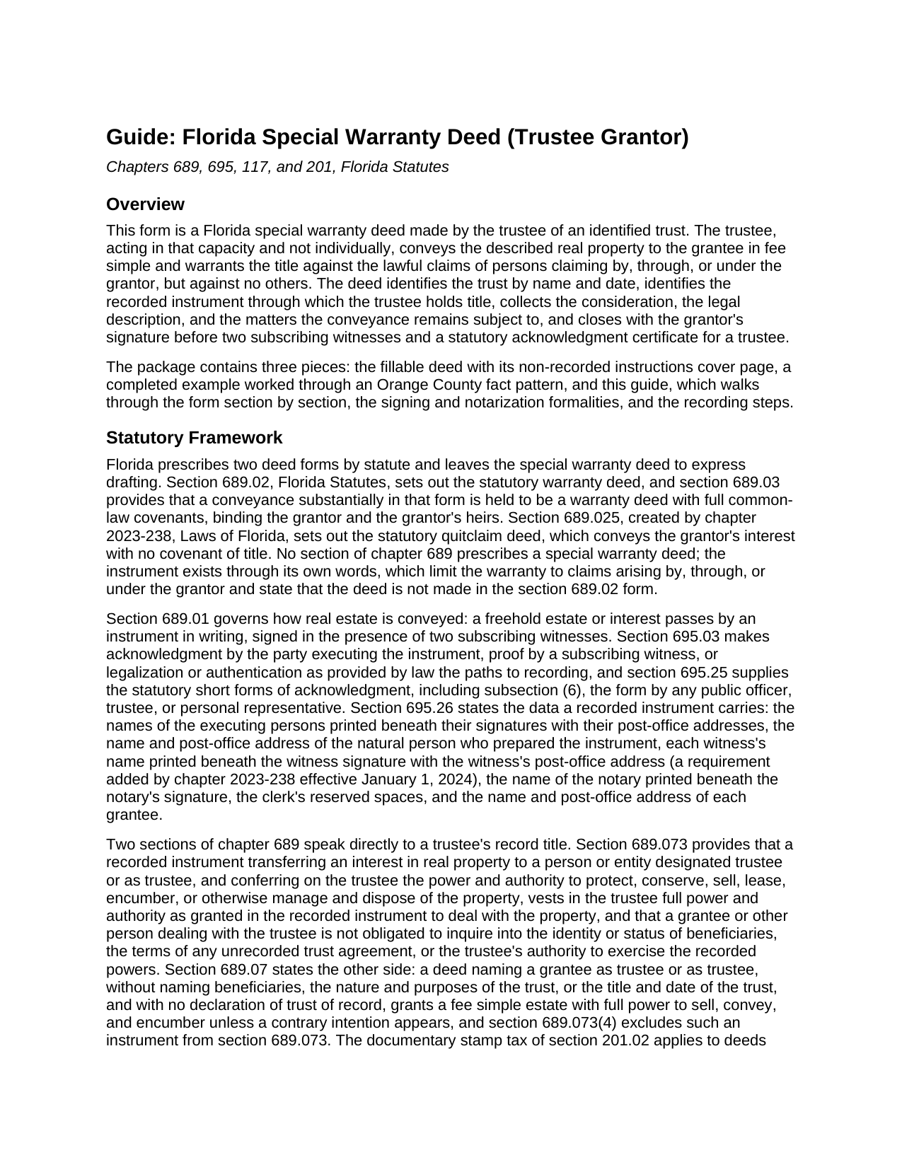 Hardee County Special Warranty Deed (Trustee Grantor) Guide