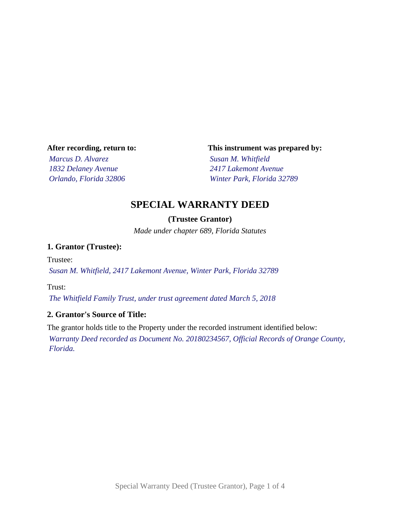 Hardee County Completed Example of the Special Warranty Deed (Trustee Grantor) Document