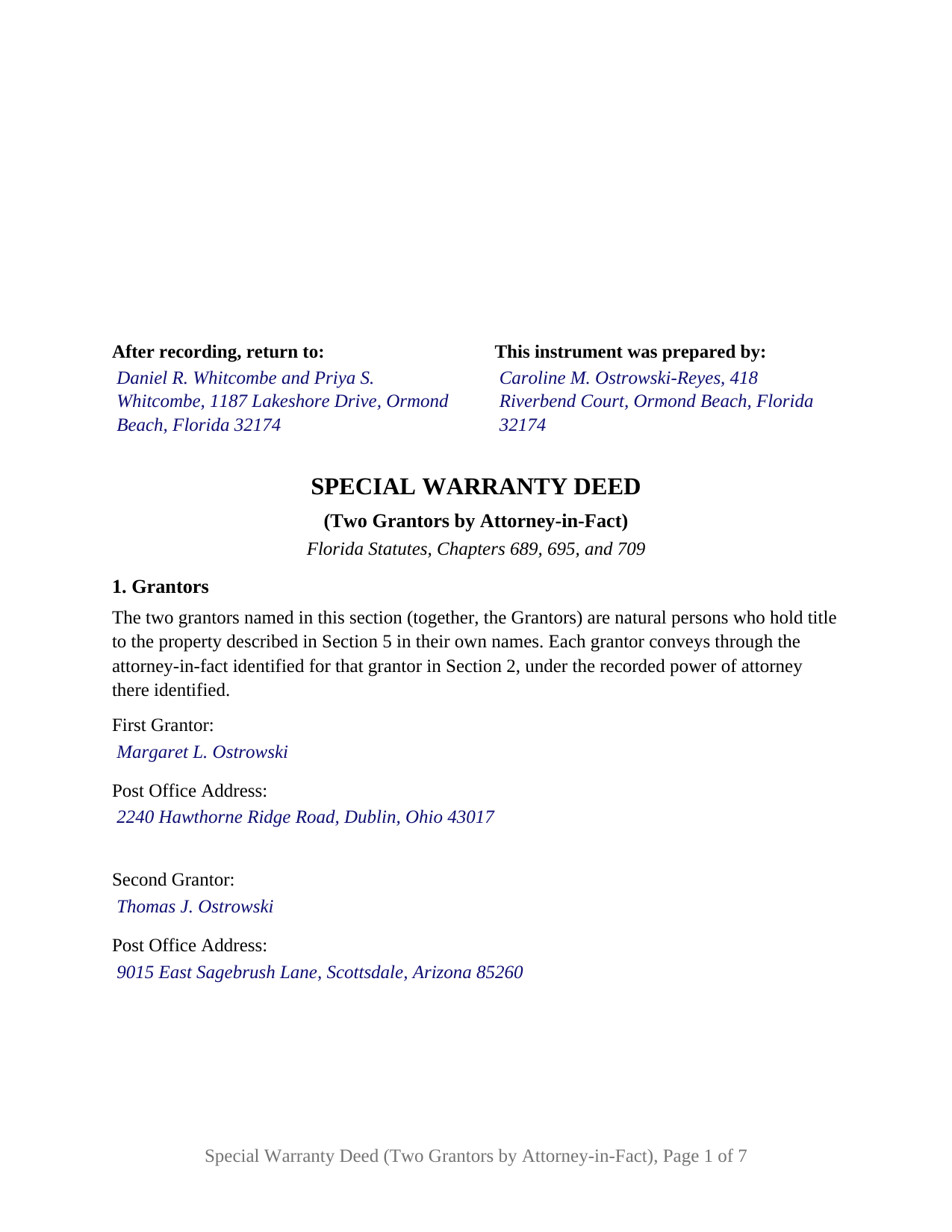 Baker County Completed Example of the Special Warranty Deed (Two Grantors by Attorney-in-Fact) Document