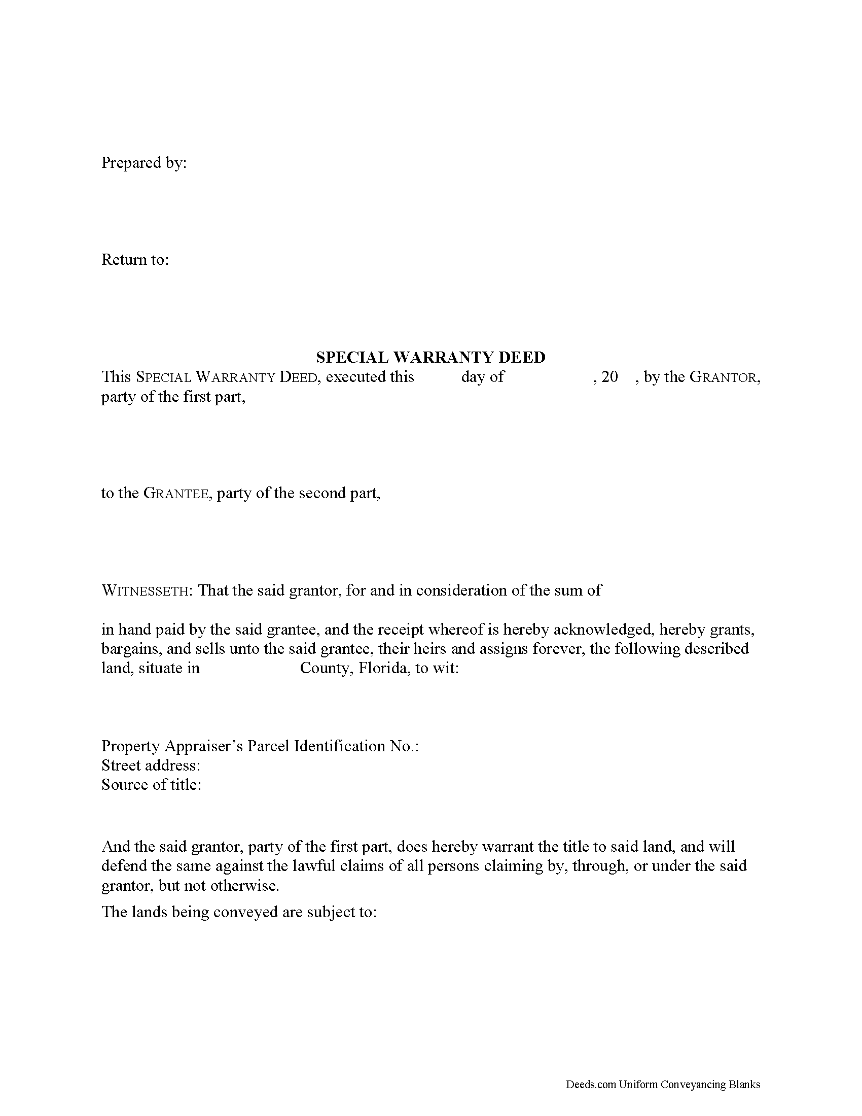 Miamidade County Special Warranty Deed Form Florida