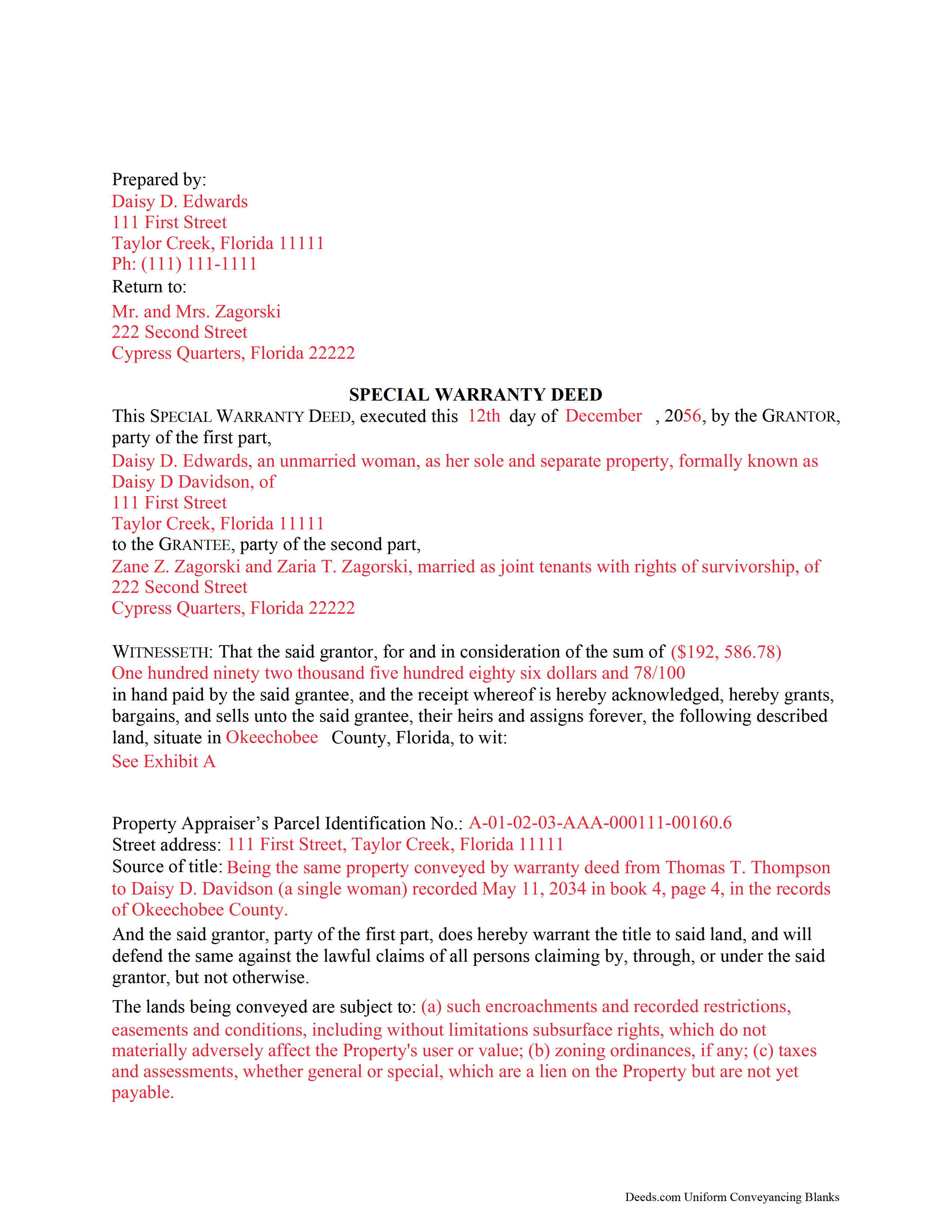 Sarasota County Completed Example of the Special Warranty Deed Document