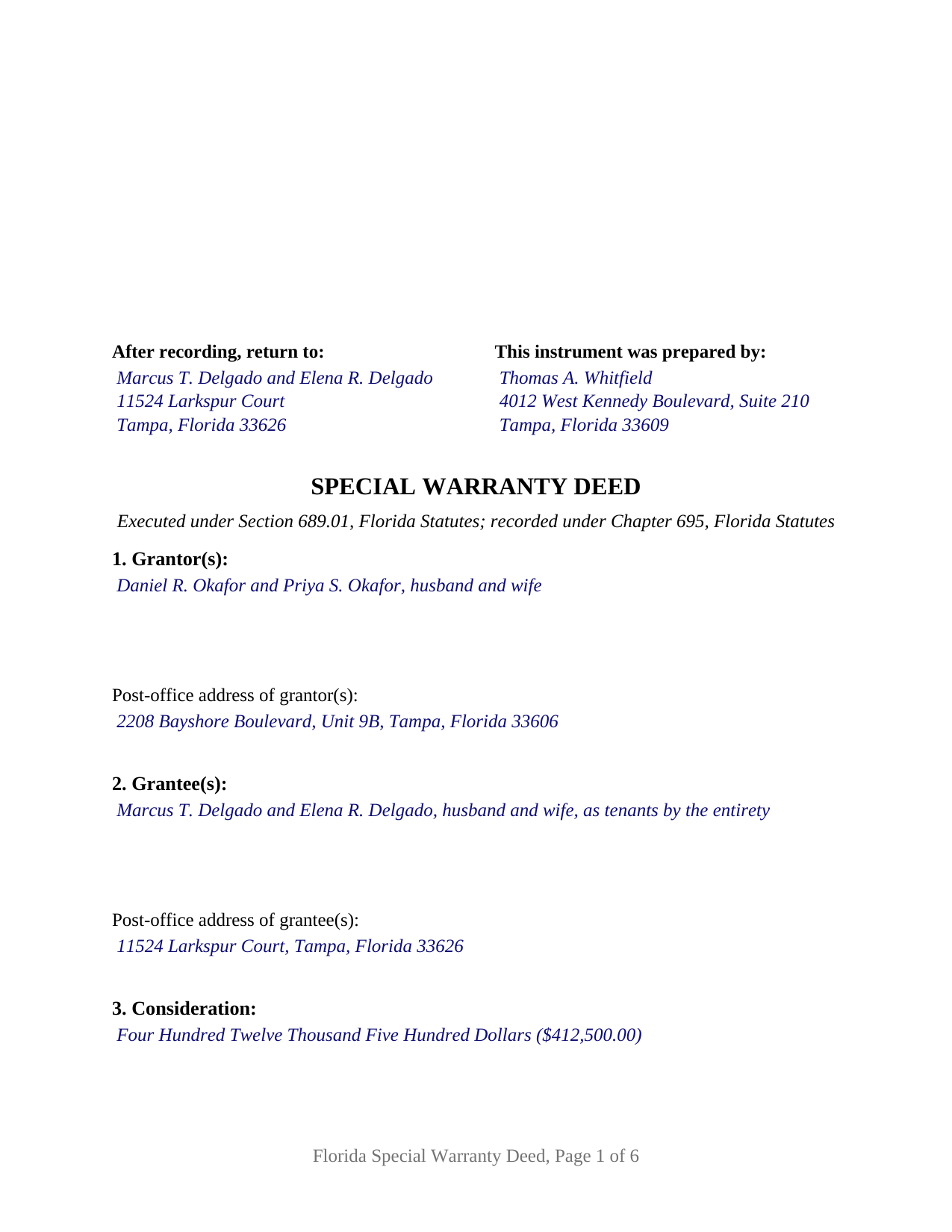 Sumter County Completed Example of the Special Warranty Deed Document