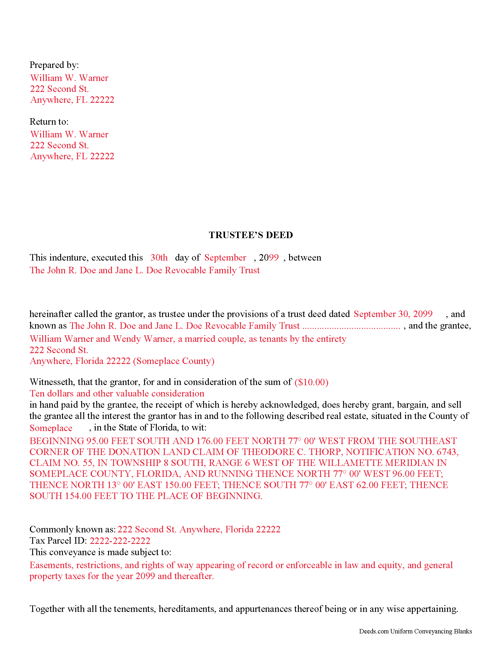 Completed Example of the Trustees Deed Document