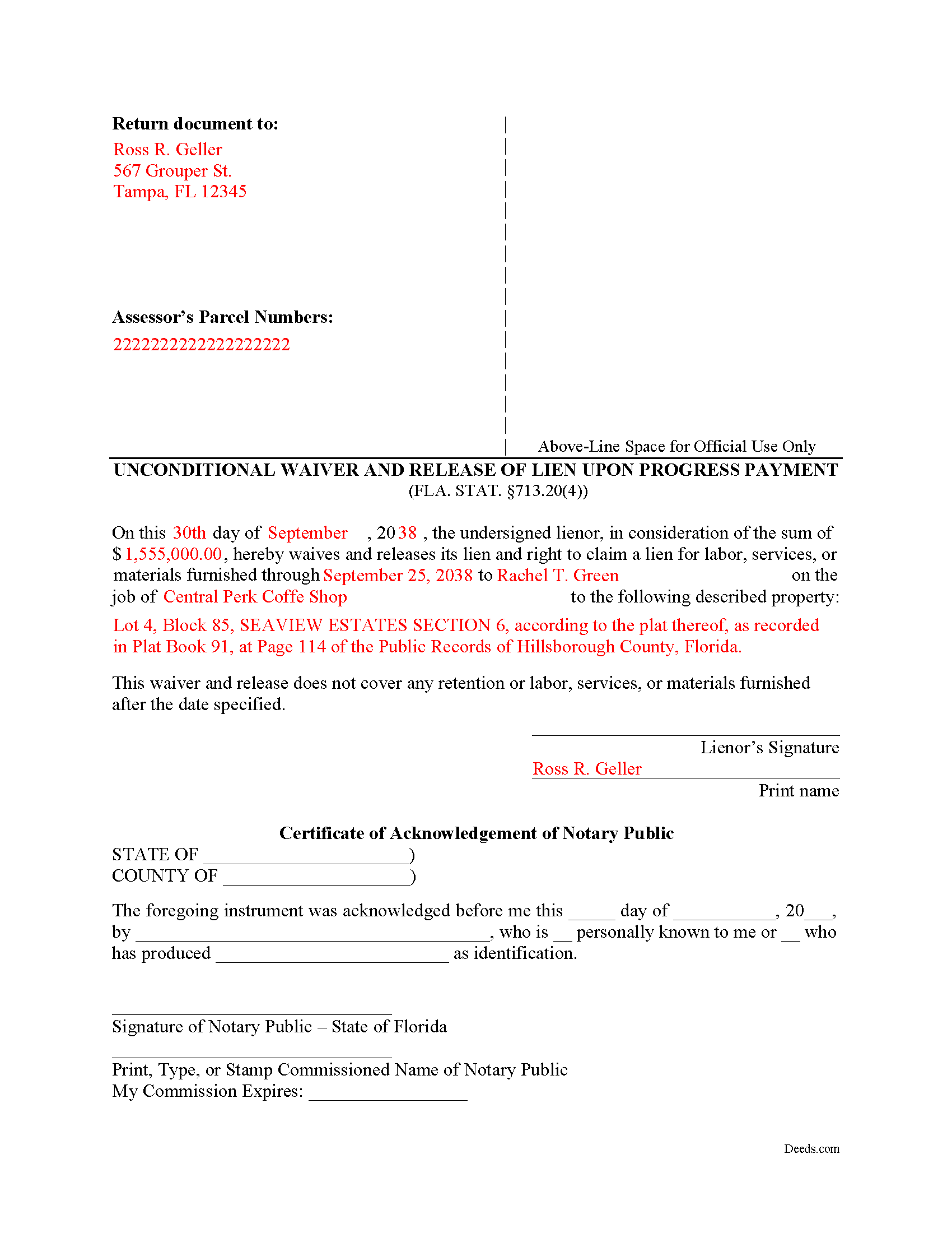 Completed Example of the Unconditional Waiver and Release of Lien upon Progress Payment Form