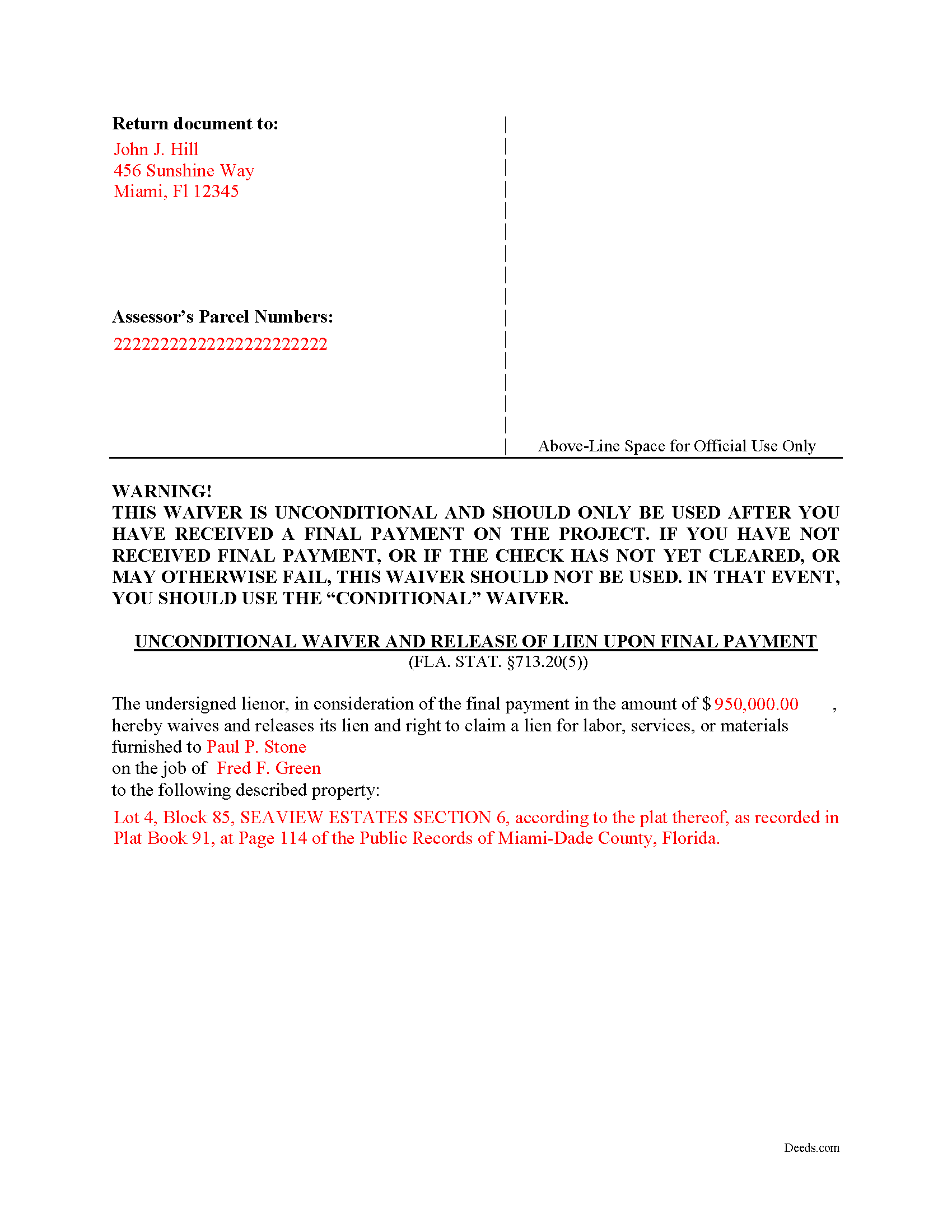 Completed Example of the Unconditional Waiver upon Final Payment Document