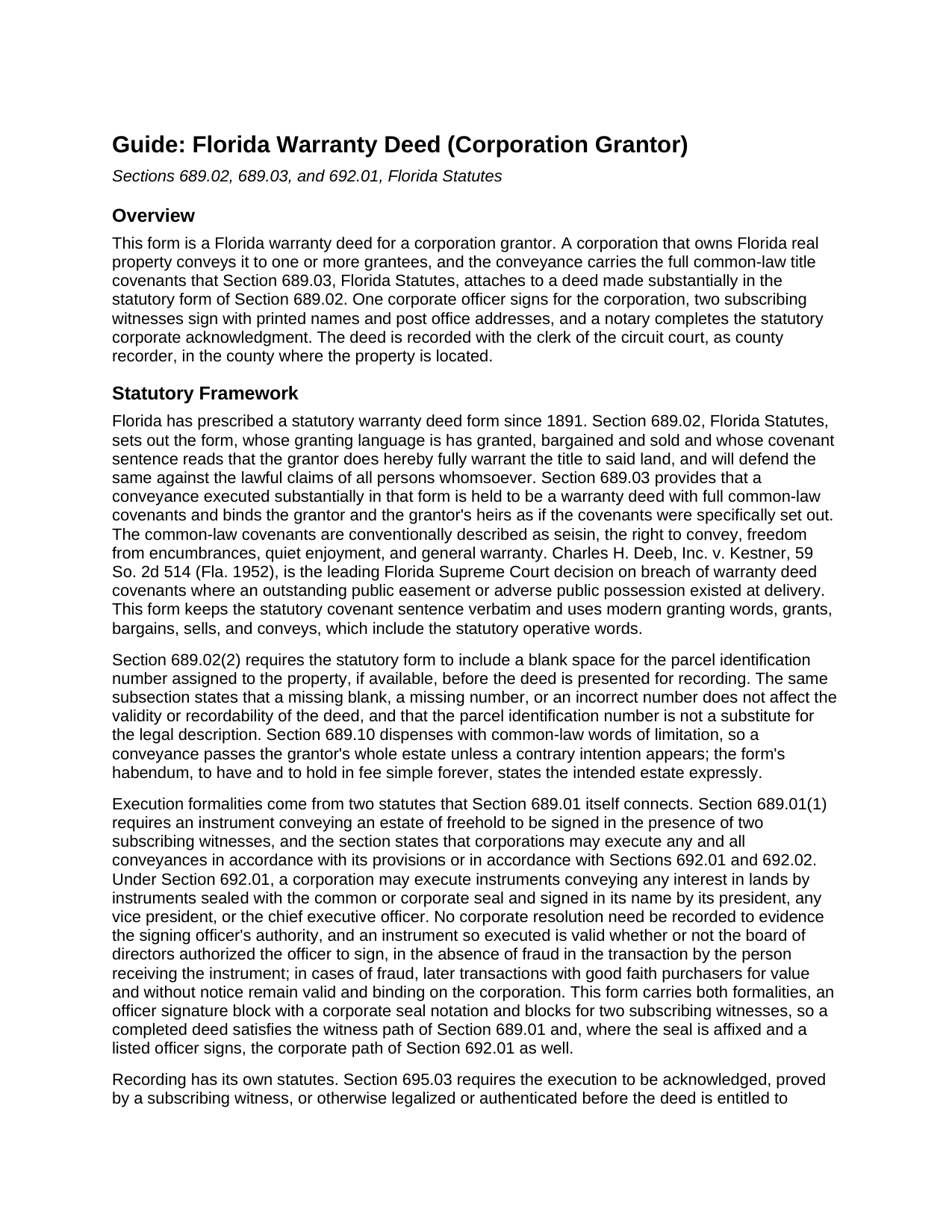 Santa Rosa County Warranty Deed (Corporation Grantor) Guide