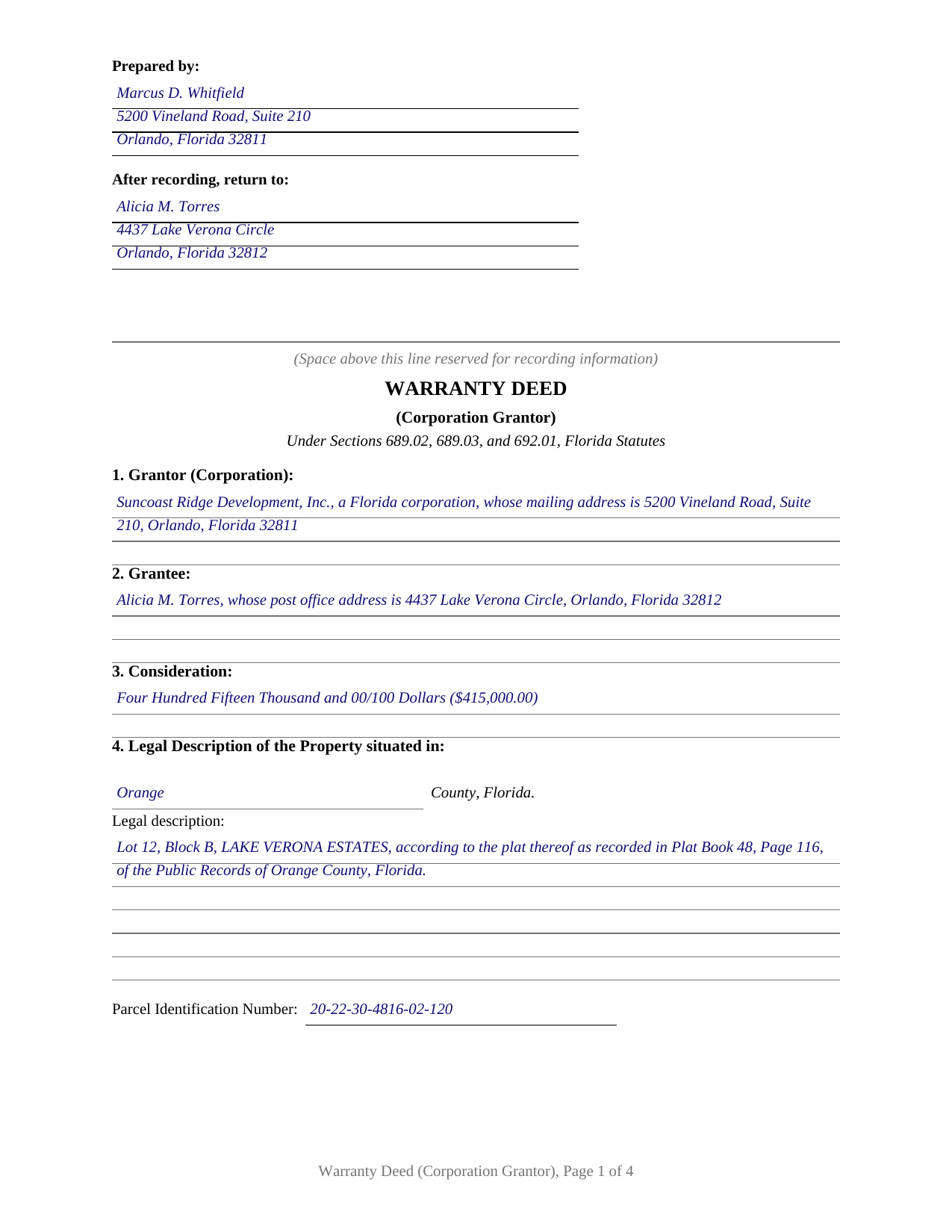 Santa Rosa County Completed Example of the Warranty Deed (Corporation Grantor) Document
