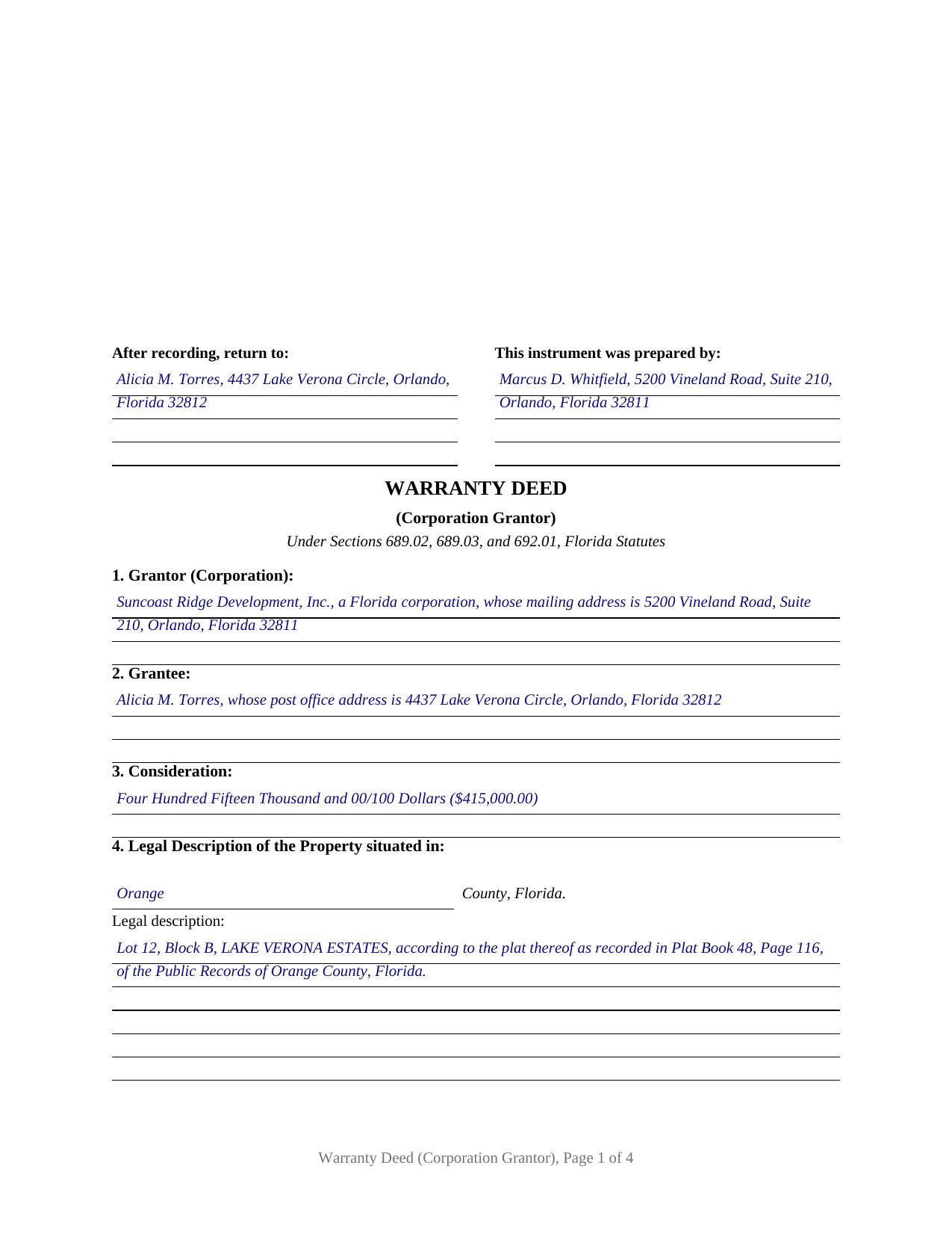 Clay County Completed Example of the Warranty Deed (Corporation Grantor) Document