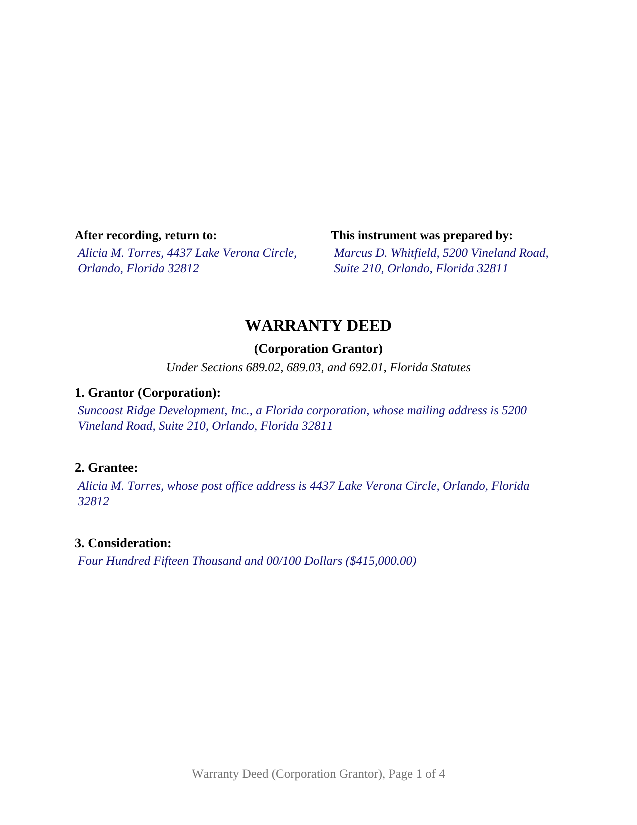 Escambia County Completed Example of the Warranty Deed (Corporation Grantor) Document