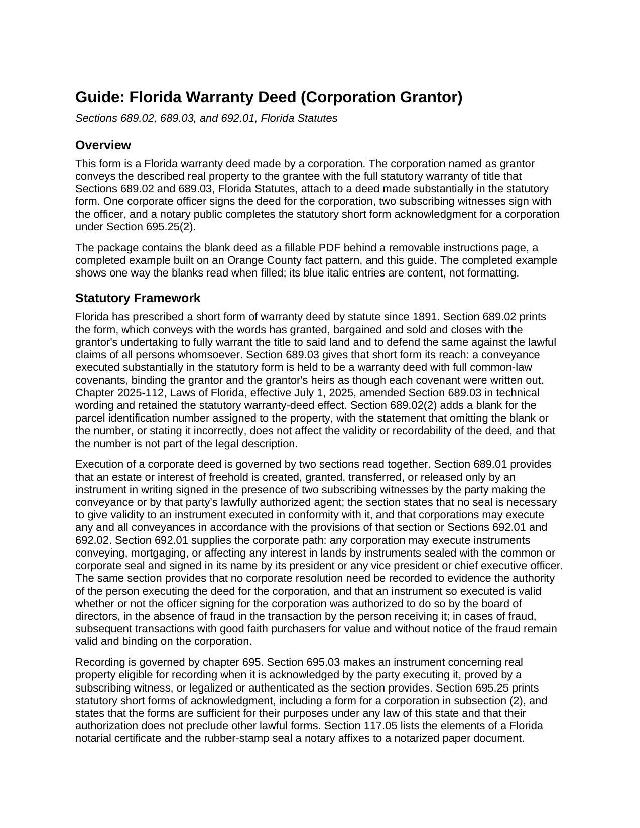 Escambia County Warranty Deed (Corporation Grantor) Guide