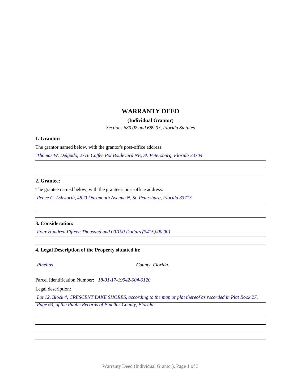 Taylor County Completed Example of the Warranty Deed (Individual Grantor) Document