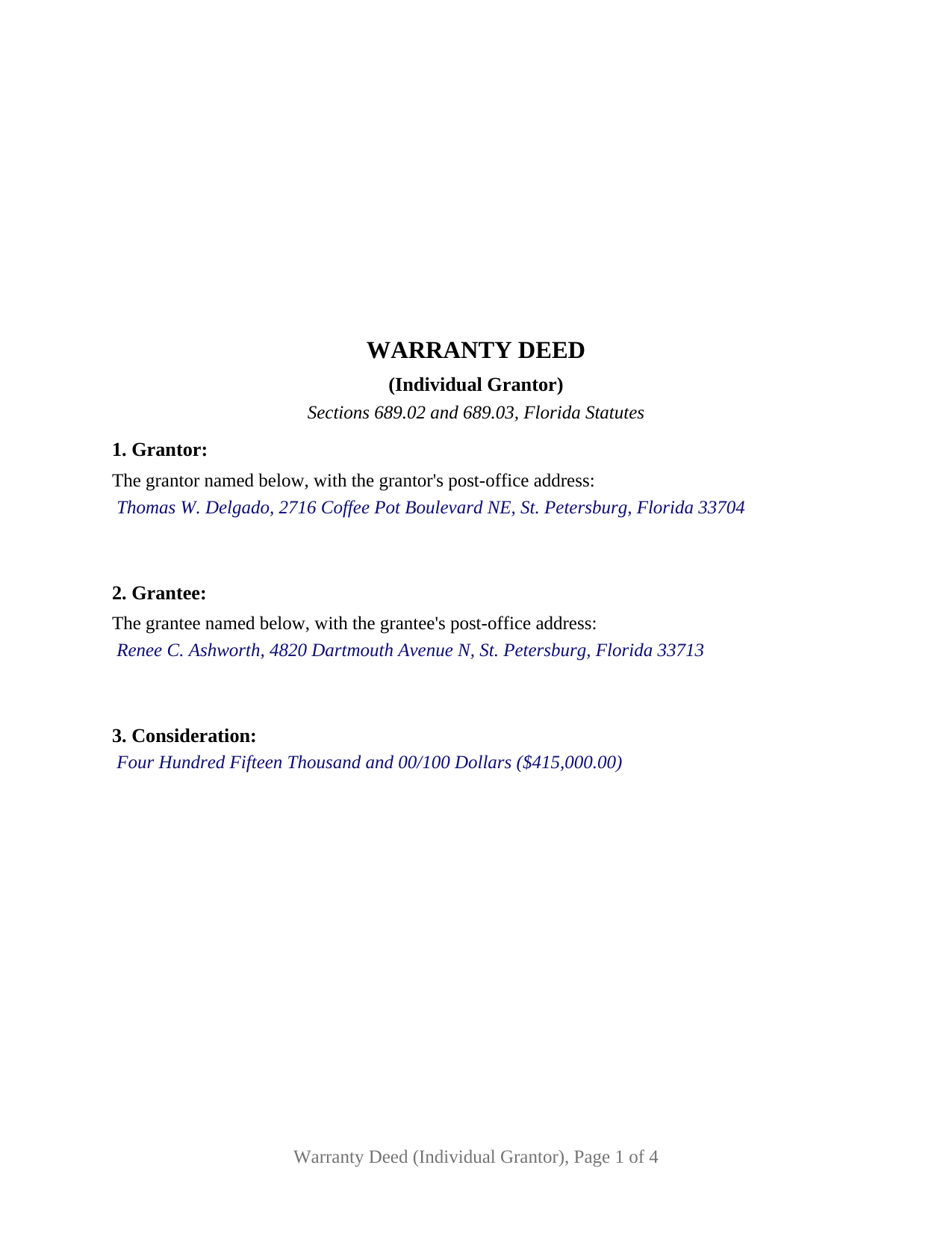 Manatee County Completed Example of the Warranty Deed (Individual Grantor) Document
