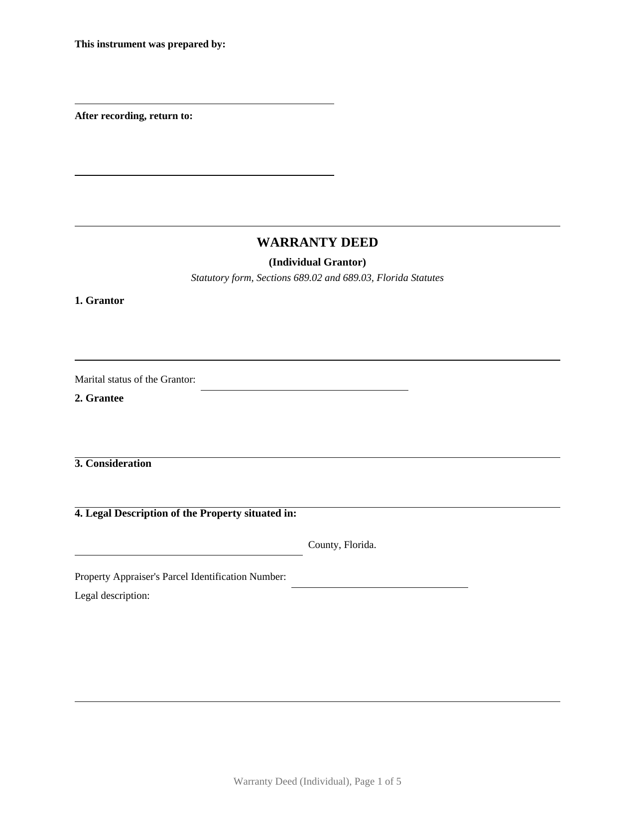 Santa Rosa County Warranty Deed (Individual) Form
