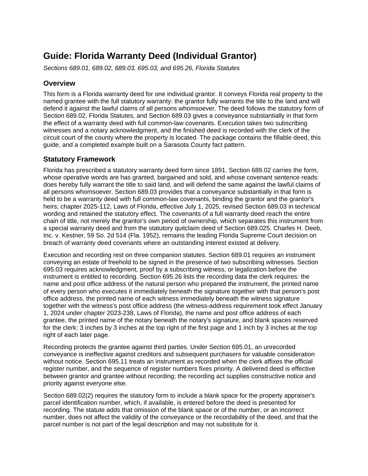 Santa Rosa County Warranty Deed (Individual) Guide