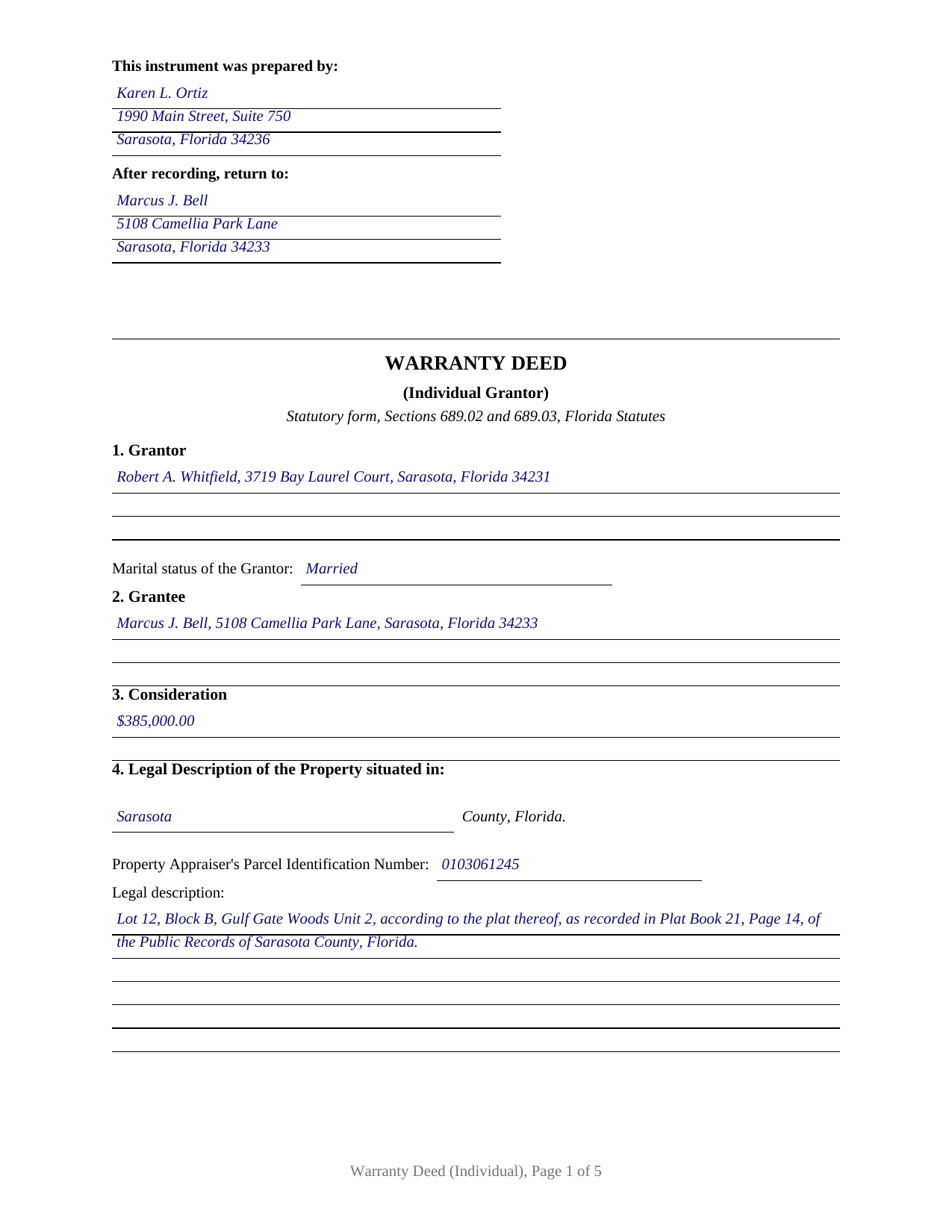 Santa Rosa County Completed Example of the Warranty Deed (Individual) Document