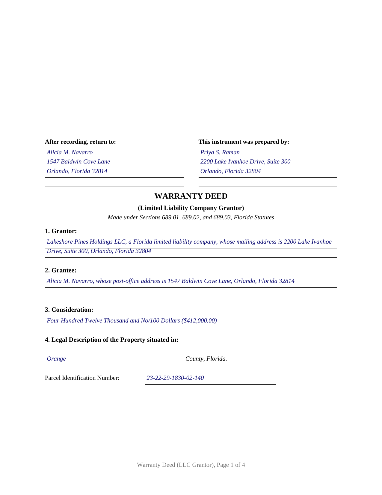 Wakulla County Completed Example of the Warranty Deed (LLC Grantor) Document