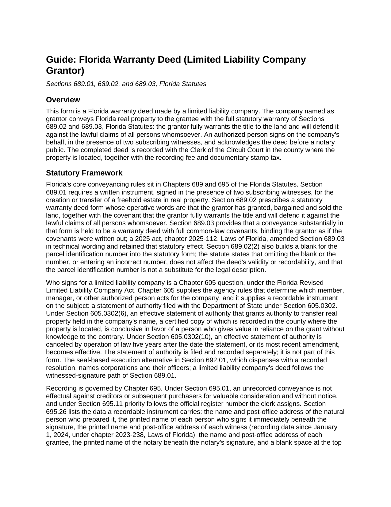 Wakulla County Warranty Deed (LLC Grantor) Guide