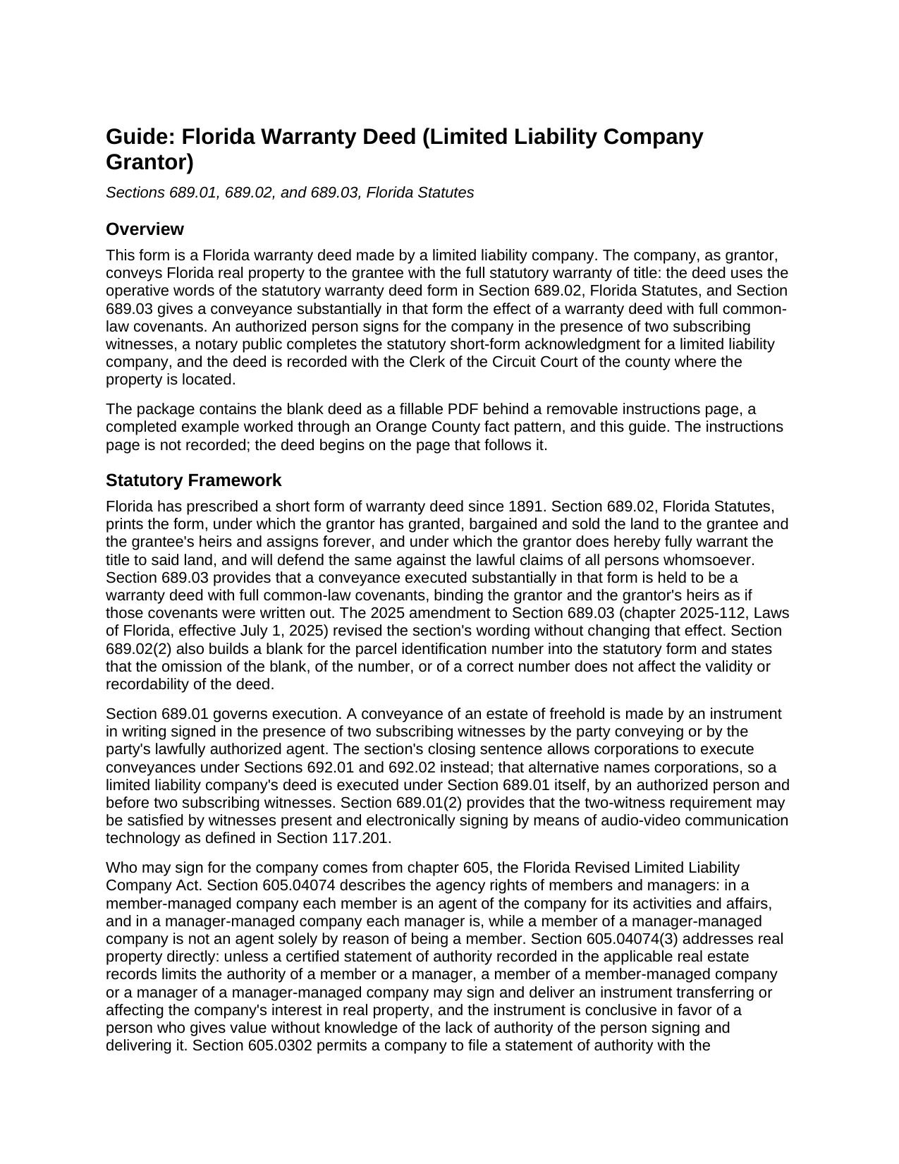 Highlands County Warranty Deed (LLC Grantor) Guide
