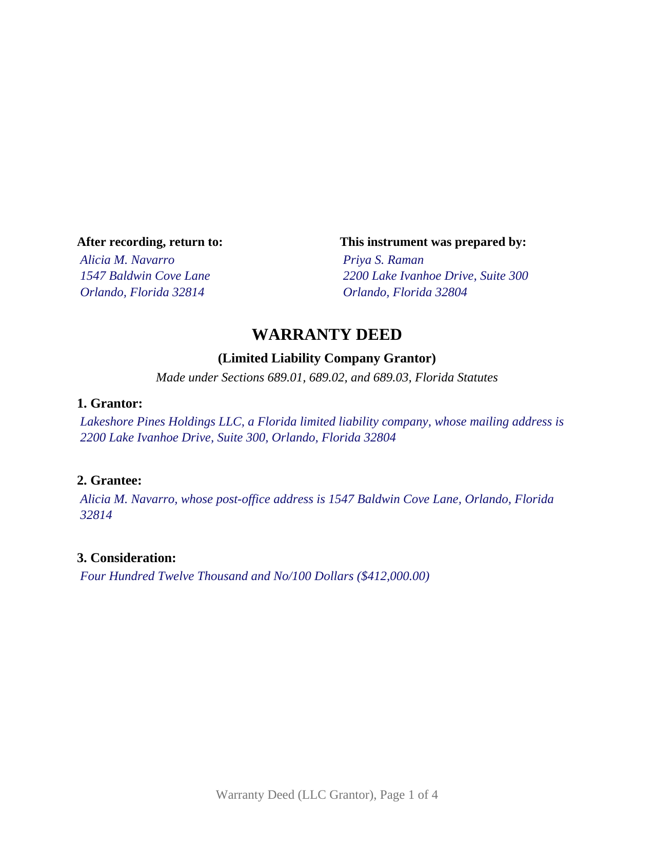Highlands County Completed Example of the Warranty Deed (LLC Grantor) Document