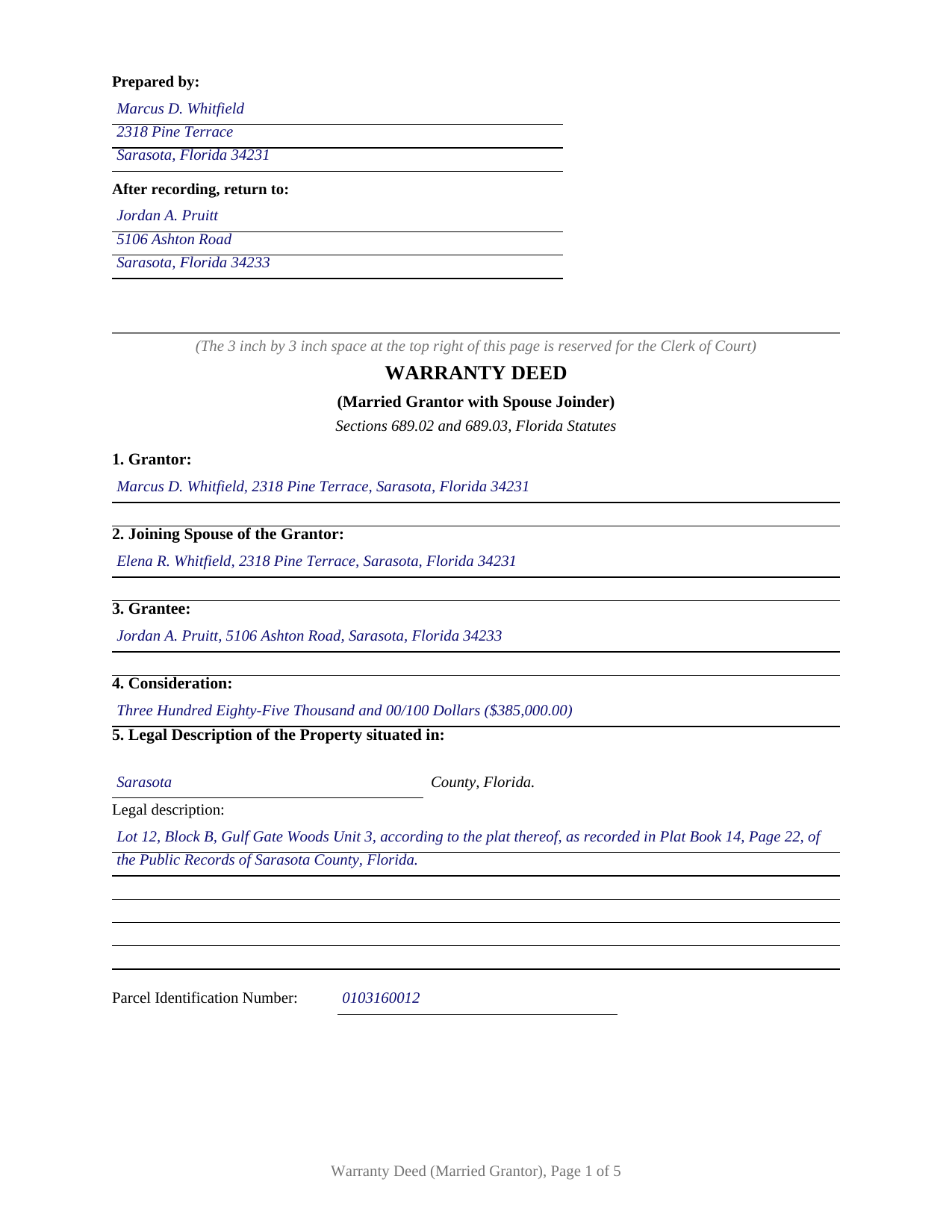 Santa Rosa County Completed Example of the Warranty Deed (Married Grantor with Spouse Joinder) Document