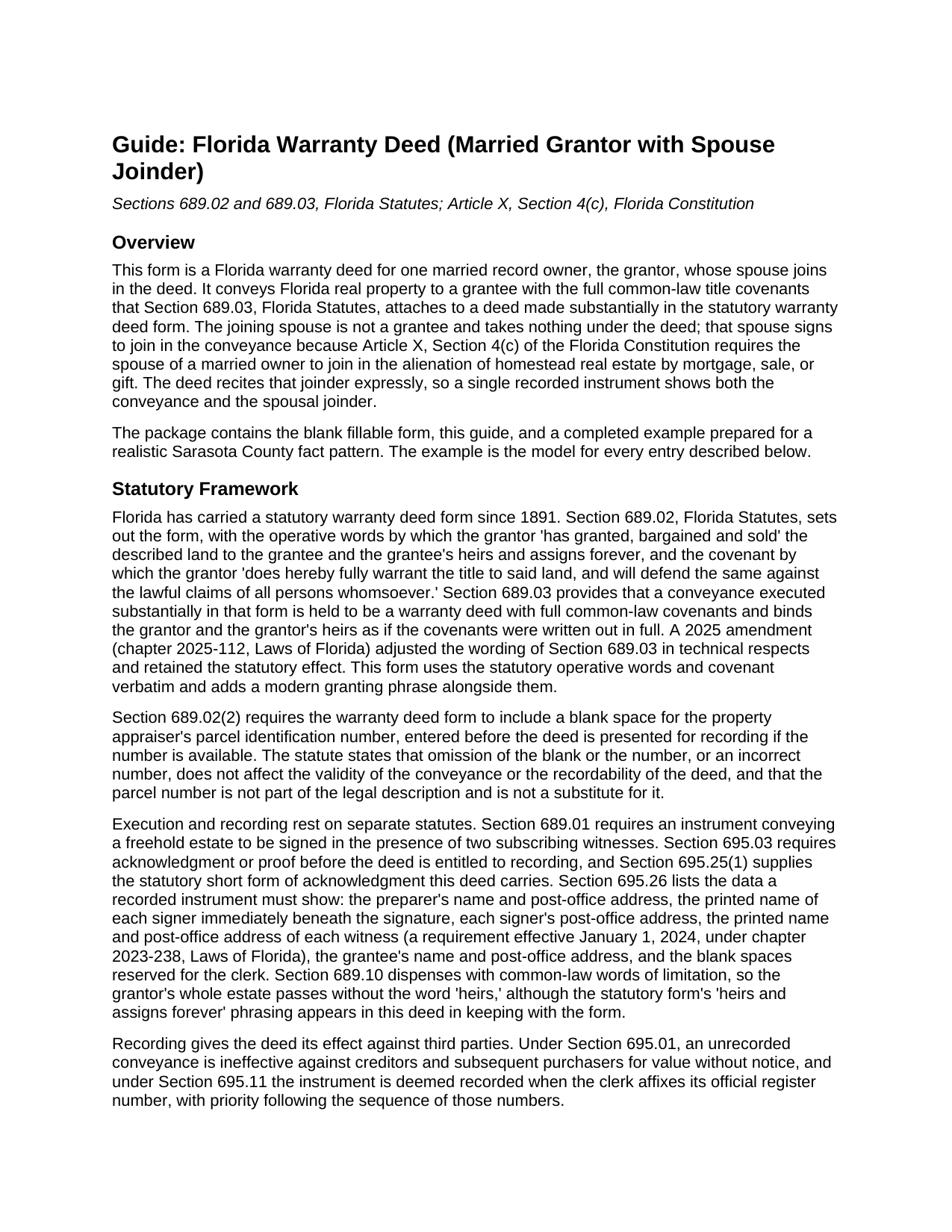 Santa Rosa County Warranty Deed (Married Grantor with Spouse Joinder) Guide