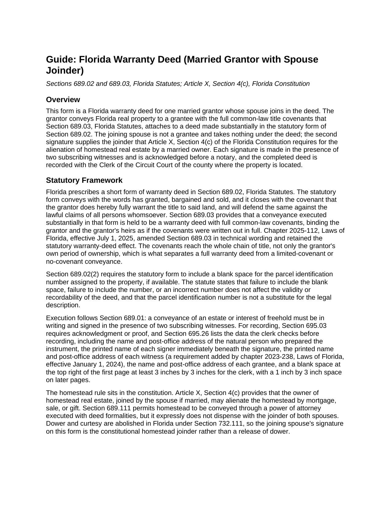 Wakulla County Warranty Deed (Married Grantor with Spouse Joinder) Guide