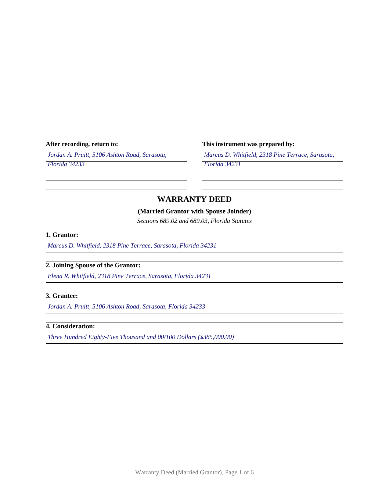 Wakulla County Completed Example of the Warranty Deed (Married Grantor with Spouse Joinder) Document