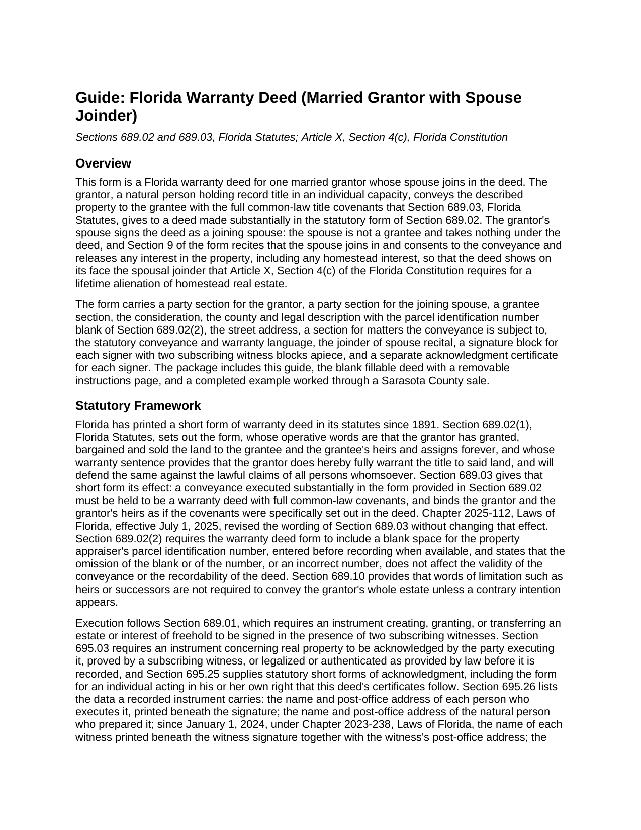 Escambia County Warranty Deed (Married Grantor with Spouse Joinder) Guide