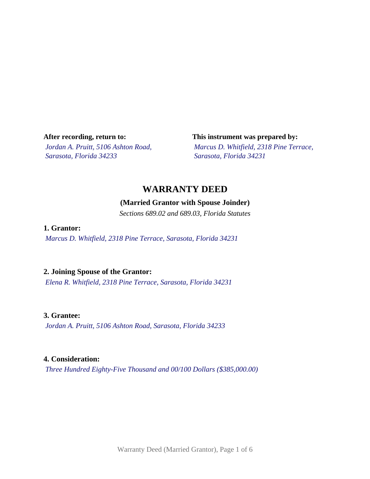 Escambia County Completed Example of the Warranty Deed (Married Grantor with Spouse Joinder) Document
