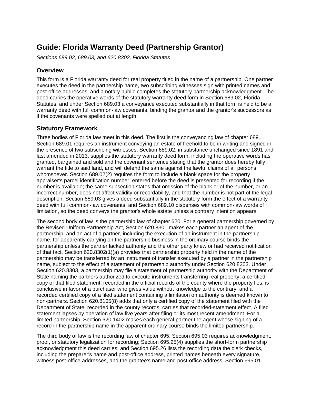 Santa Rosa County Warranty Deed (Partnership Grantor) Guide
