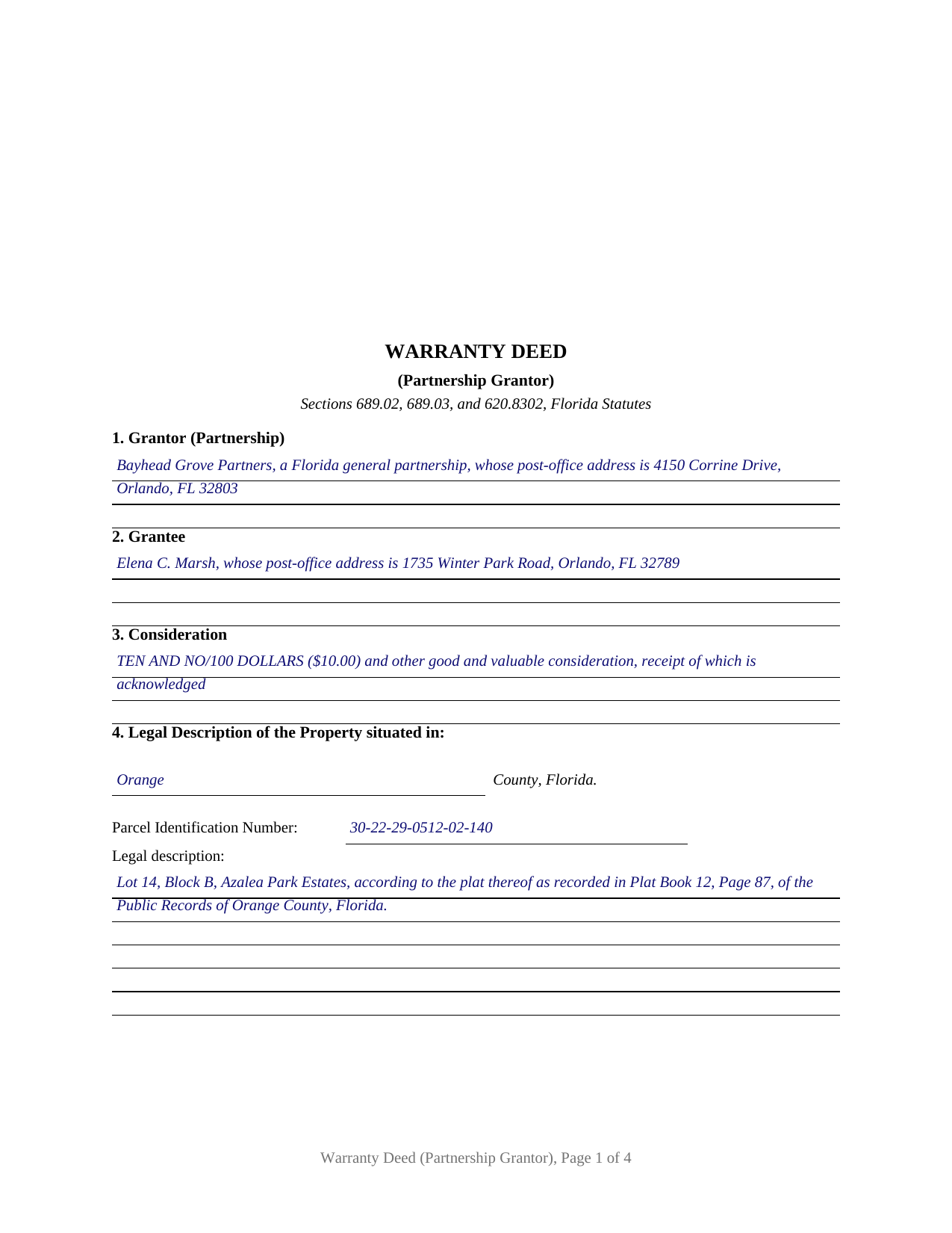 Wakulla County Completed Example of the Warranty Deed (Partnership Grantor) Document