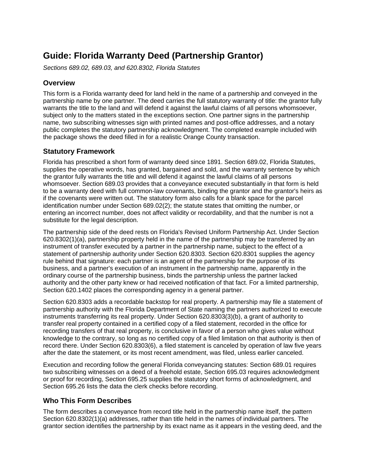 Wakulla County Warranty Deed (Partnership Grantor) Guide